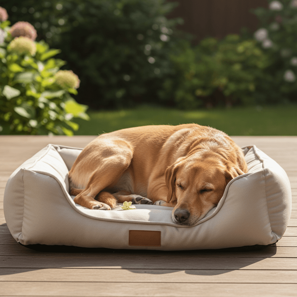 Dog peacefully sleeping on a Sunny Paws sun bed