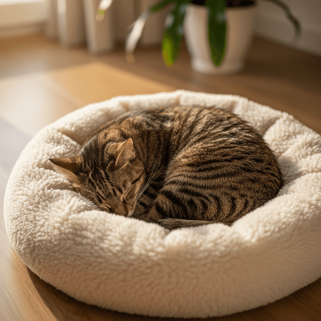 Cat enjoying a cozy nap on a Sunny Paws sun bed